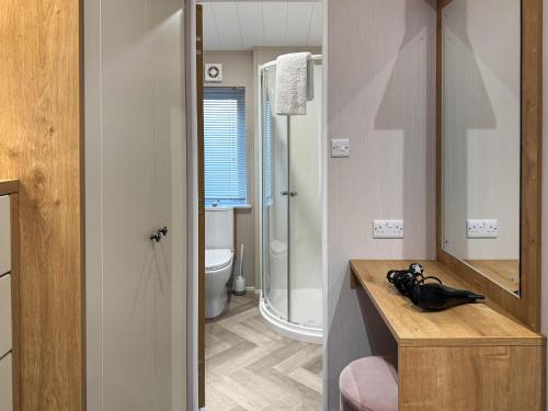a bathroom with a shower and a sink and a toilet at Portland in Poole