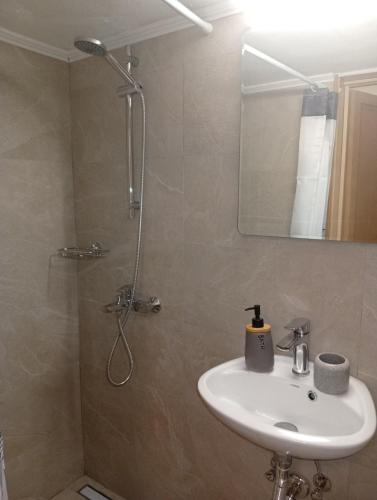 a bathroom with a sink and a shower at Kimourioti Green House in Sitia