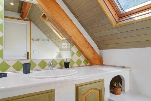 a bathroom with a sink and a mirror at L'Appartement des Trois Vallées in Villelongue