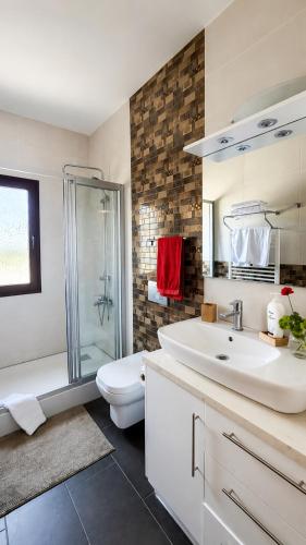 a bathroom with a sink and a toilet and a shower at Bellapais Stone Villa in Kyrenia