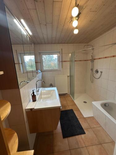 Haus Eifelkind في Basberg: حمام مزود بمغسلة ودش وحوض استحمام