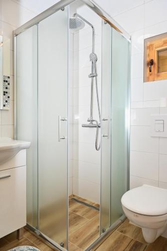 a glass shower stall in a bathroom with a toilet at Cottage Sunshine in Jajce