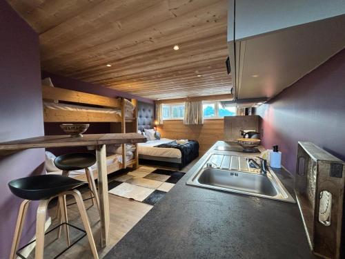 a kitchen with a sink and a bed in a room at Résidence Bel Air, Univers Fantastique in Montriond