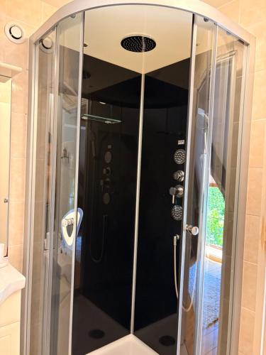 a shower with a glass door in a bathroom at The Cherries Houehdeu in Naizin