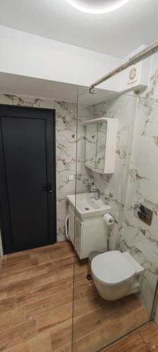 a bathroom with a toilet and a sink at Marine Apartment in Nea Peramos