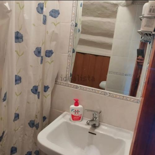 a bathroom sink with a bottle of soap on it at La casa di Fiore in Arcidosso