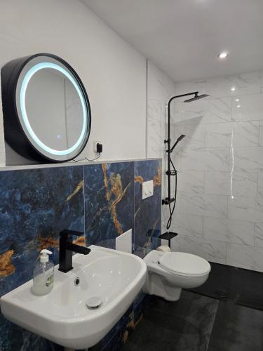 a bathroom with a sink and a toilet and a mirror at Ferienwohnung Monteurzimmer Mariens1 in Eppelborn