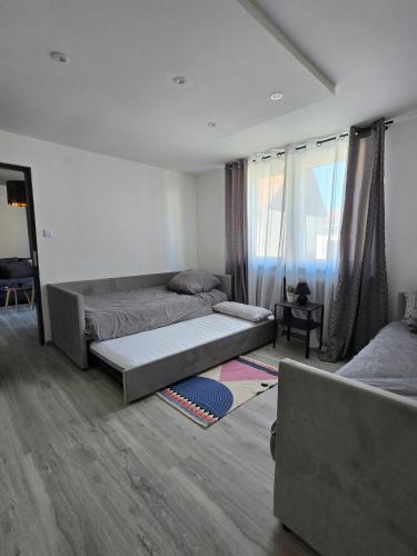 a bedroom with a large bed and a couch at Ferienwohnung Monteurzimmer Mariens1 in Eppelborn