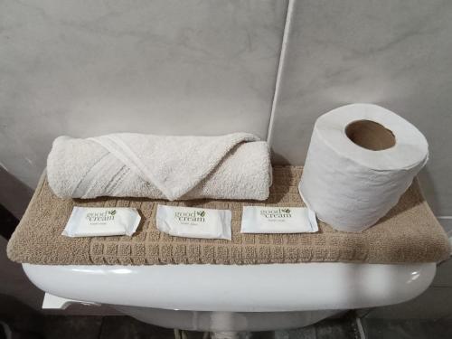 a bathroom with a toilet and a roll of toilet paper at Amambay Apart &Suites in Eldorado
