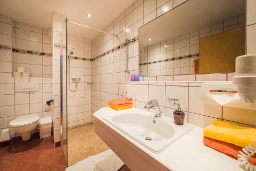 オーバータウエルンにあるHotel Mosermandlのバスルーム(洗面台、トイレ、鏡付)