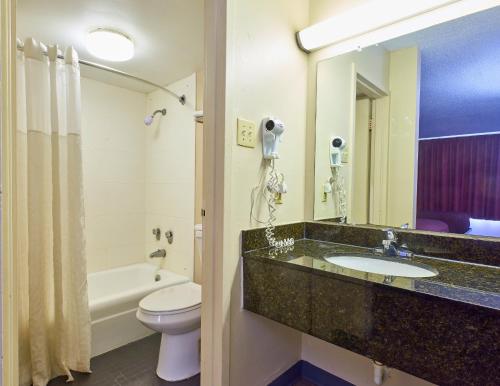a bathroom with a sink and a toilet and a mirror at Magnuson Hotel Jacksonville Downtown in Jacksonville