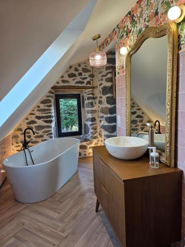 a bathroom with a tub and a large mirror at Gîte Le Cheix d'Arches in Arches