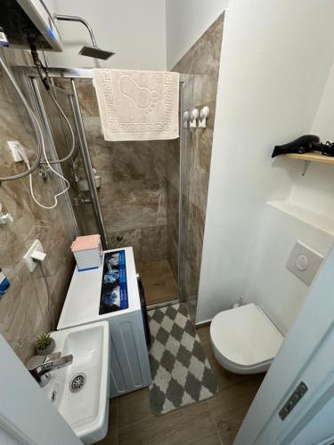 a bathroom with a shower and a sink and a toilet at AK mini studio u centru in Tivat