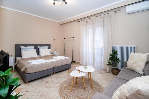 a large bedroom with a bed and a couch at Jonathan Central Apartment in Pefkochori