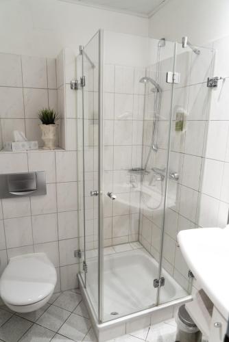a bathroom with a shower with a toilet and a sink at Stadthotel im Kolpinghaus Lingen in Lingen