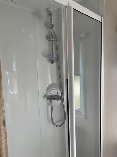 a shower in a bathroom next to a door at 63 The Pastures Tattershall lakes in Lincoln