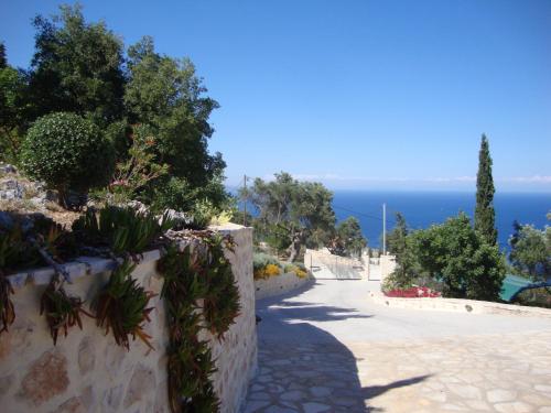 a path with plants on the side of a wall at Villa koukla horizon in Agios Nikolaos