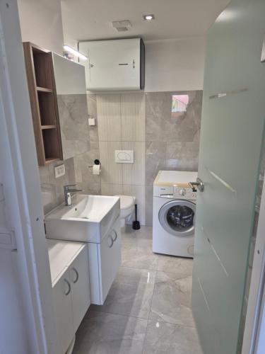 a bathroom with a sink and a washing machine at Garsonjera Alina in Zgornje Gameljne