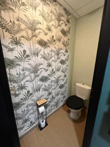 a bathroom with a black and white wallpaper with a toilet at Le pré des noisettes in Angomont