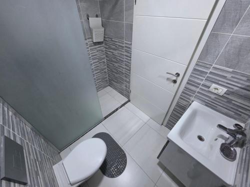 a small bathroom with a toilet and a sink at Lux Apartman Gostivar in Gostivar