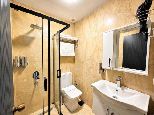 a bathroom with a sink and a toilet and a mirror at The Yücedağ Hotel in Arapkir