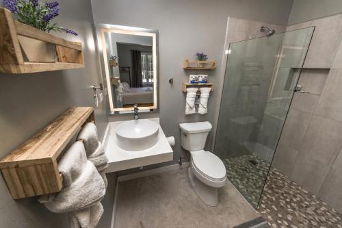 a bathroom with a toilet and a sink and a shower at Sandbar Beachfront Hotel & Hostel Restaurant in San Pedro