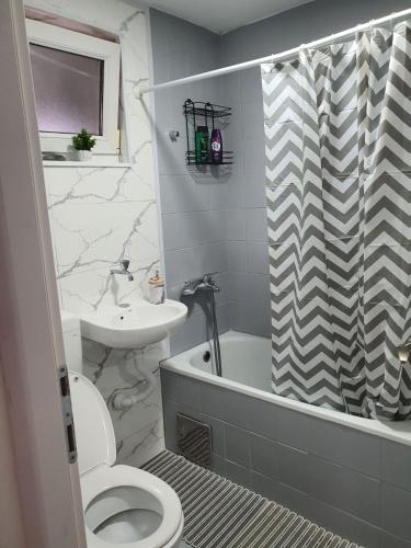 a bathroom with a toilet and a sink and a shower at Apartman SAN in Sarajevo