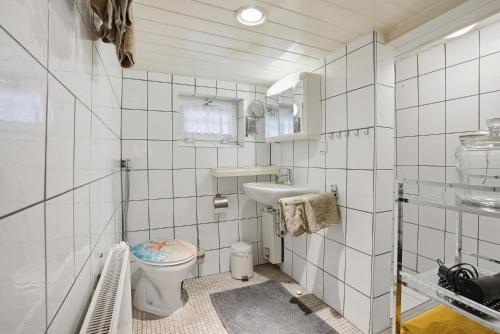 a white tiled bathroom with a toilet and a sink at Kieke Wiet in Greetsiel