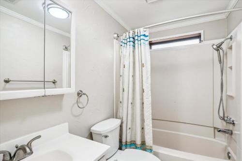 a bathroom with a toilet and a sink and a shower at Sea Glass Shack in Kill Devil Hills