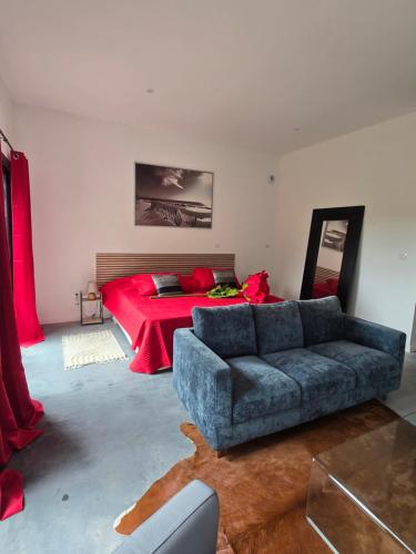 ein Wohnzimmer mit Sofa und Bett in der Unterkunft L' Ecrin in Auch