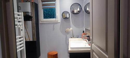 a small bathroom with a sink and a window at Le Mimosa in Cricquebœuf