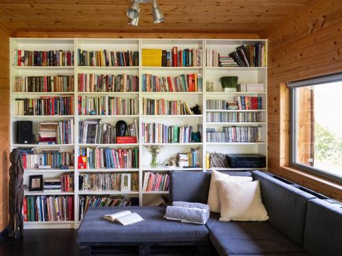 a library with a couch and bookshelves filled with books at St Barbara Hideaway in Škofja Loka