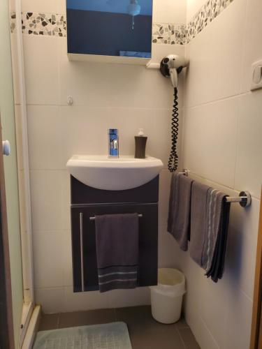 a bathroom with a sink and a mirror and towels at Aresia in Arès
