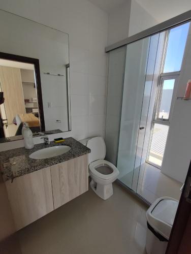 a bathroom with a toilet and a sink and a mirror at Vista Urbana Atlantis in Santa Cruz de la Sierra