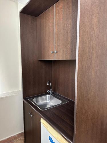 a kitchen with a sink and wooden cabinets at Palatino in Loutra Edipsou