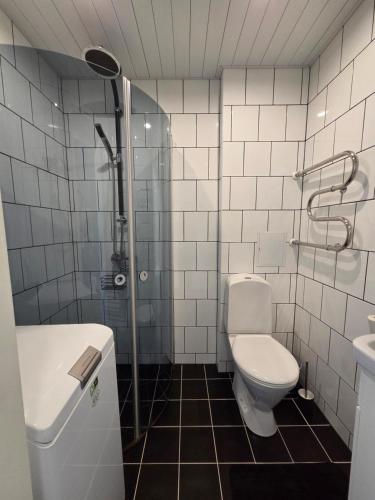 a bathroom with a shower and a toilet and a sink at Apartment Südalinnas in Haapsalu