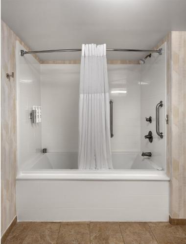 a bath tub with a shower curtain in a bathroom at Hampton Inn Helen in Helen