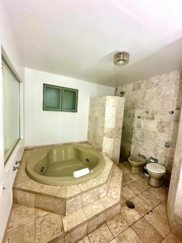 a large bathroom with a tub and a toilet at Hotel Minas Palace in Passos