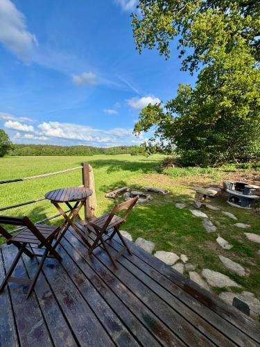 a picnic table and two chairs sitting on a wooden deck at Maringotka uprostřed divočiny in Proseč