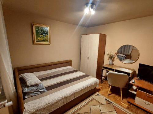 a small bedroom with a bed and a mirror at Casa Anomis in Călimăneşti
