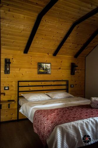 a bedroom with two beds in a wooden room at Cabana Vasc in Borsa