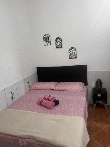 a bed with two pink pillows on top of it at Kitnet aconchegante in Pedra de Guaratiba