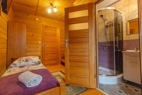 a bathroom with a bed and a shower and a sink at DW u Rafała i Joanny in Białka Tatrzańska