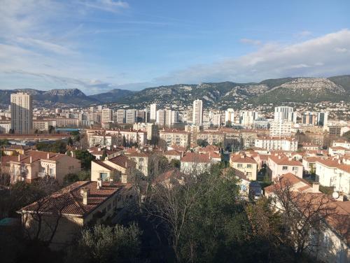 a view of a city with buildings and mountains at Appartement Fort Lamalgue in Toulon