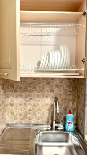 a kitchen with a sink and dishes in a cupboard at Sea garden apartment in Kryzhanivka