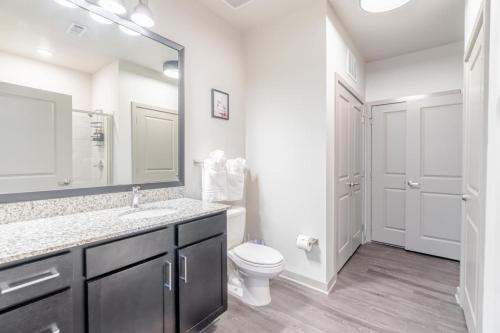 a bathroom with a toilet and a sink and a mirror at Warm, Inviting 2BD Apt In Matthews in Charlotte