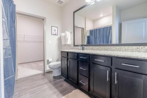 a bathroom with a sink and a toilet and a mirror at Super Central 1BD Workers Paradise in Charlotte