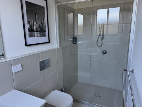 a bathroom with a shower and a toilet at Spacious New Home for 12 Guests in Campbelltown South
