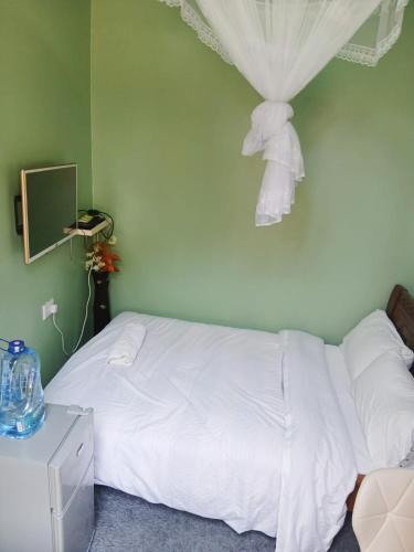a bedroom with a white bed with a white curtain at Amazing Grace Home - Oyugis studio in Oyugis