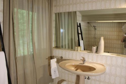 a bathroom with a sink and a mirror at Dorfchalet in Goldegg